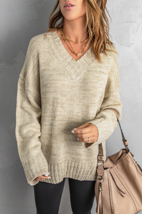 V Neck Drop Shoulder Knitted Sweater